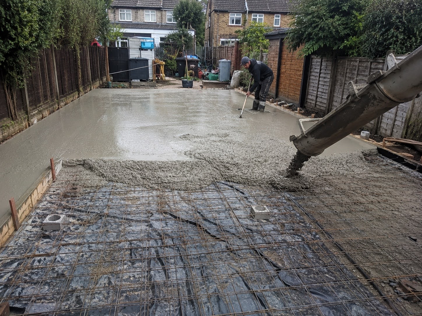 Domestic concrete foundation installation at a residential property in Hornchurch