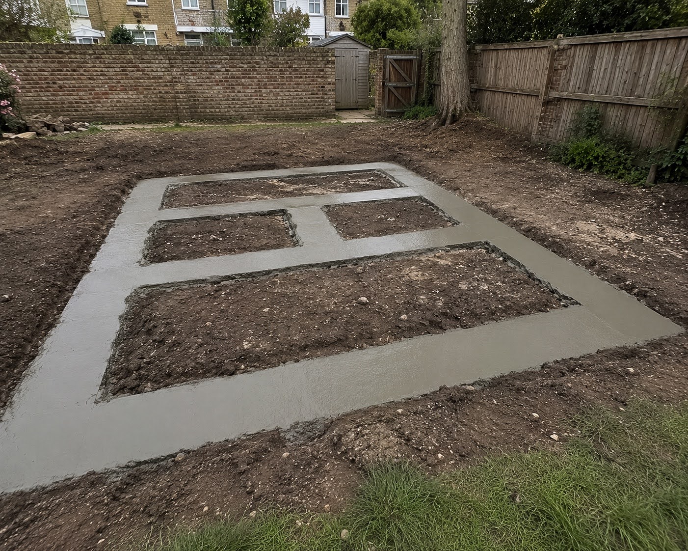 Trench fill foundation installation in a Barking residential garden