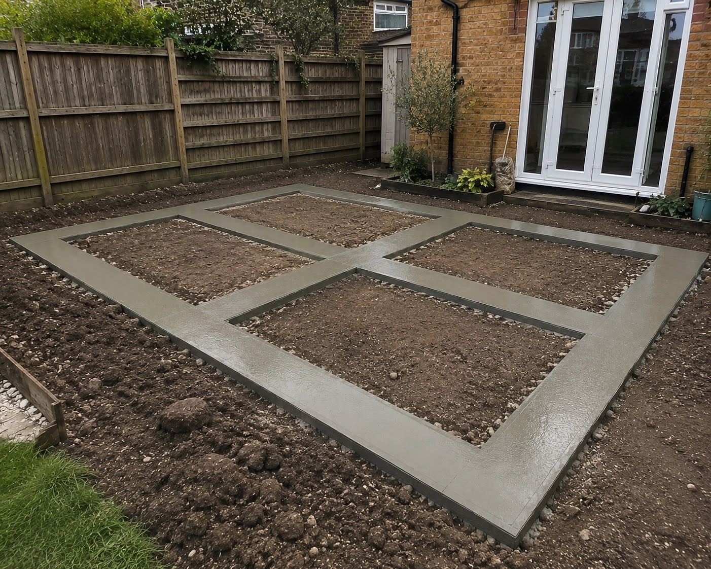 Excavated trench prepared for a concrete foundation